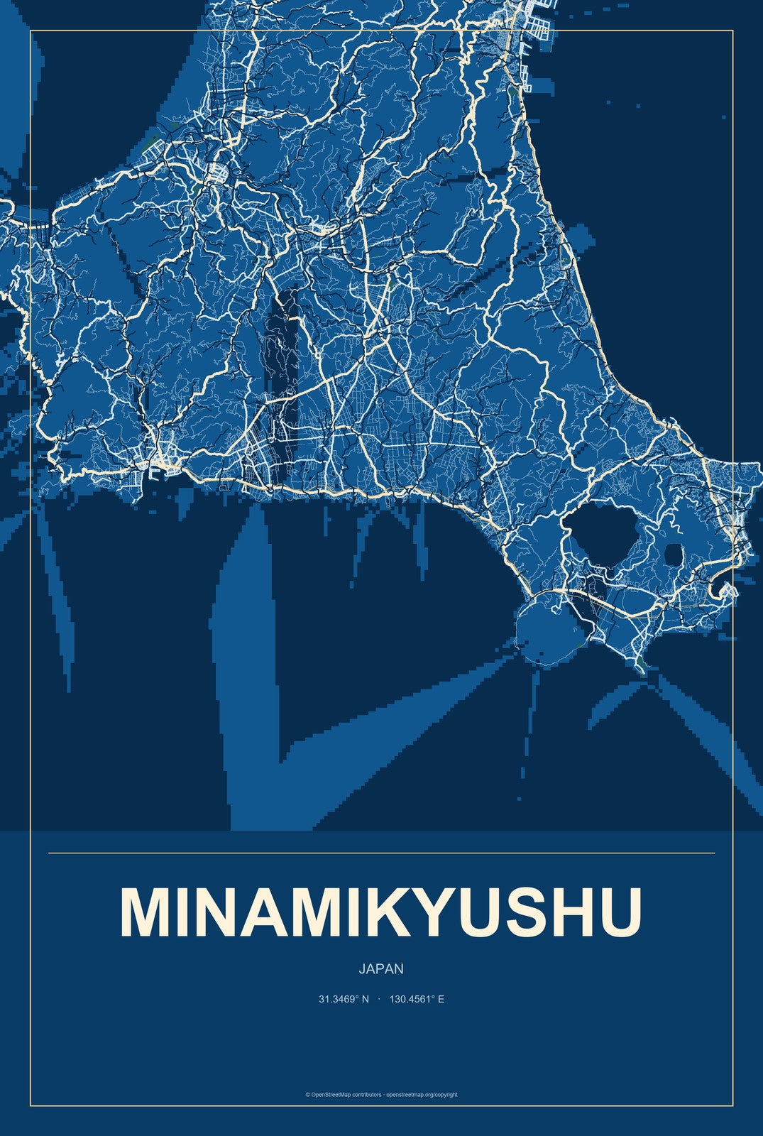 Minamikyushu, Japan City Map Aluminum Sign in Harbor Cobalt style