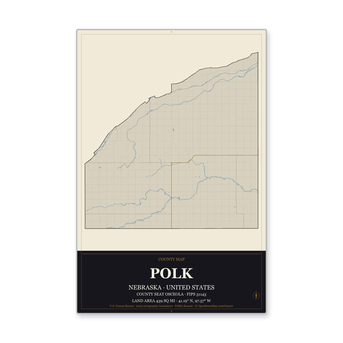 Polk County, Nebraska Map Aluminum Sign in Museum Plaque style