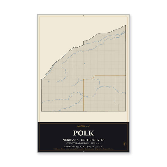 Polk County, Nebraska Map Aluminum Sign in Museum Plaque style
