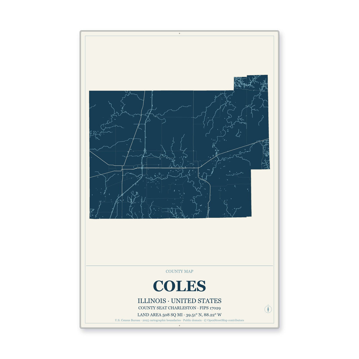 Coles County, Illinois Map Aluminum Sign in Coastal Cutout style