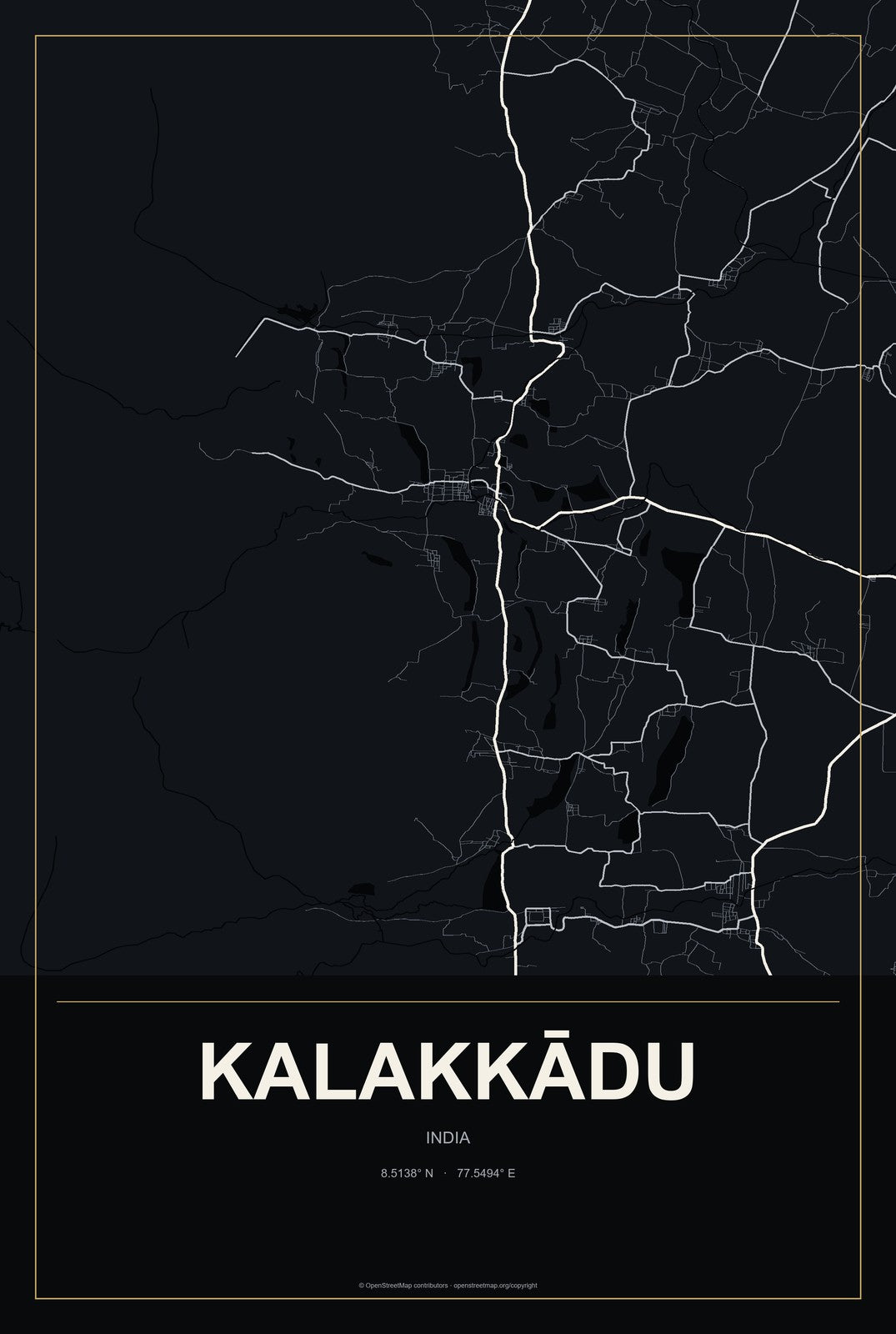 Kalakkādu, India City Map Aluminum Sign in Metropolitan Noir style