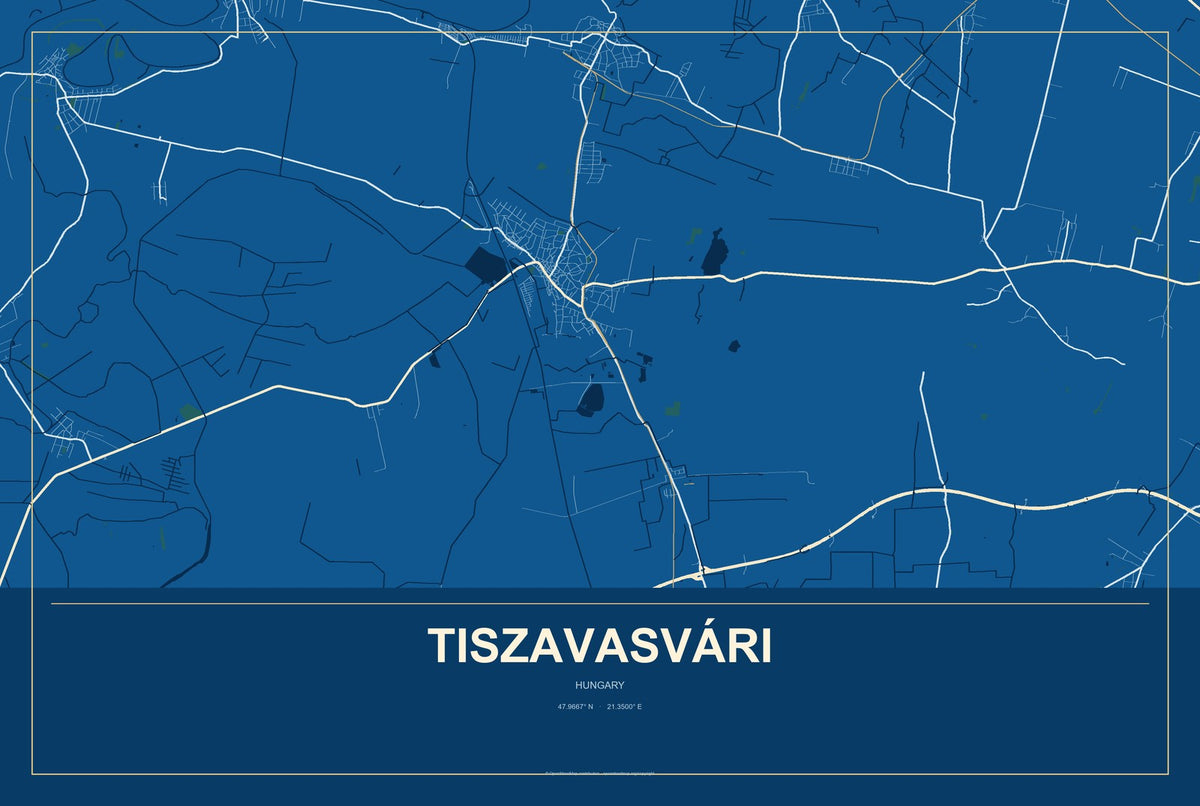 Tiszavasvári, Hungary City Map Aluminum Sign in Harbor Cobalt style