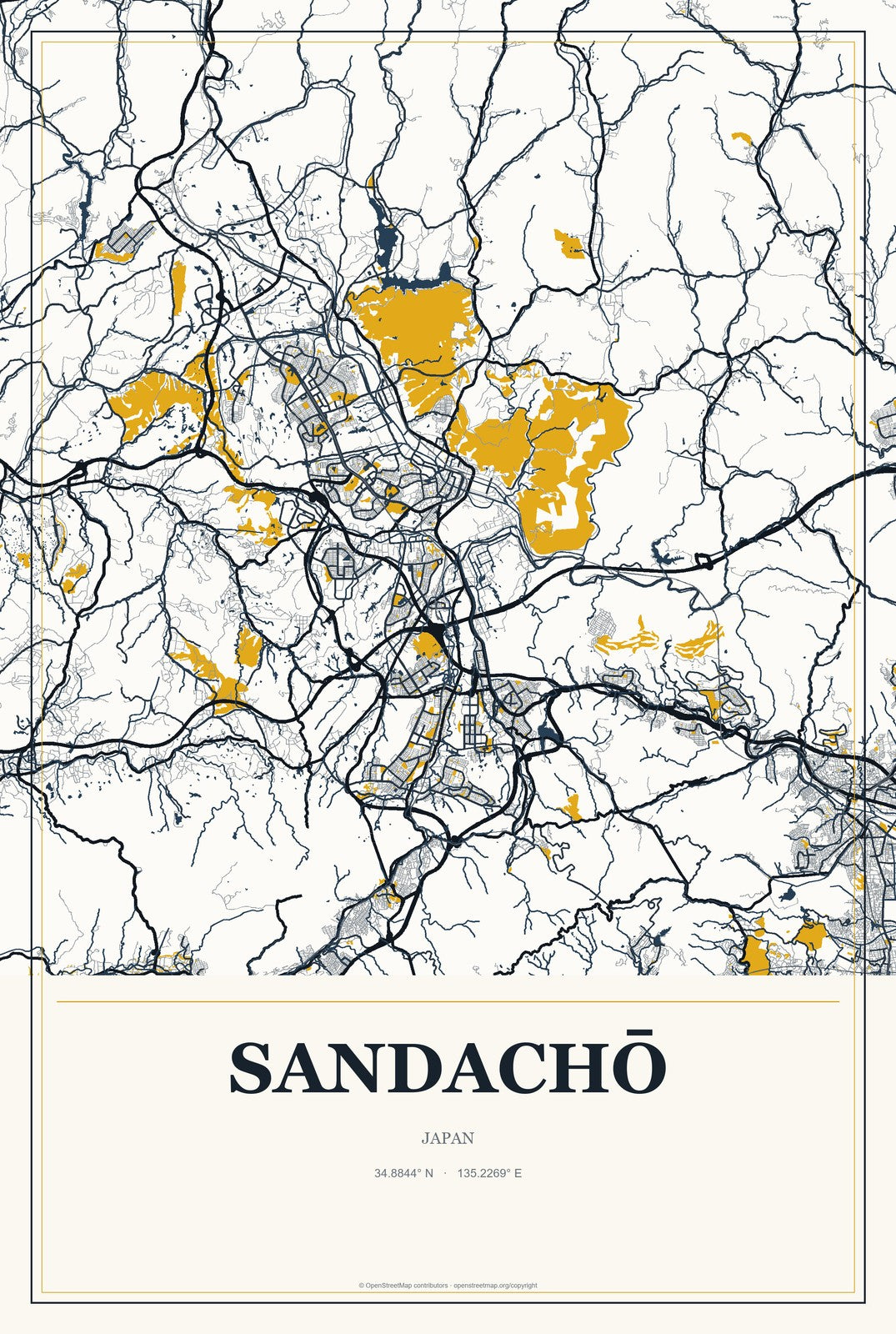 Sandachō, Japan City Map Aluminum Sign in Citrine Modern style