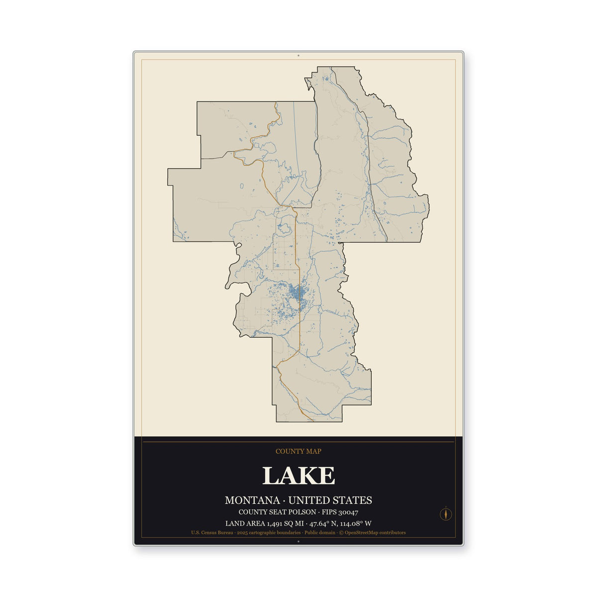 Lake County, Montana Map Aluminum Sign in Museum Plaque style