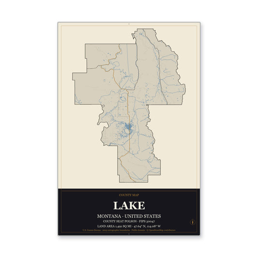 Lake County, Montana Map Aluminum Sign in Museum Plaque style