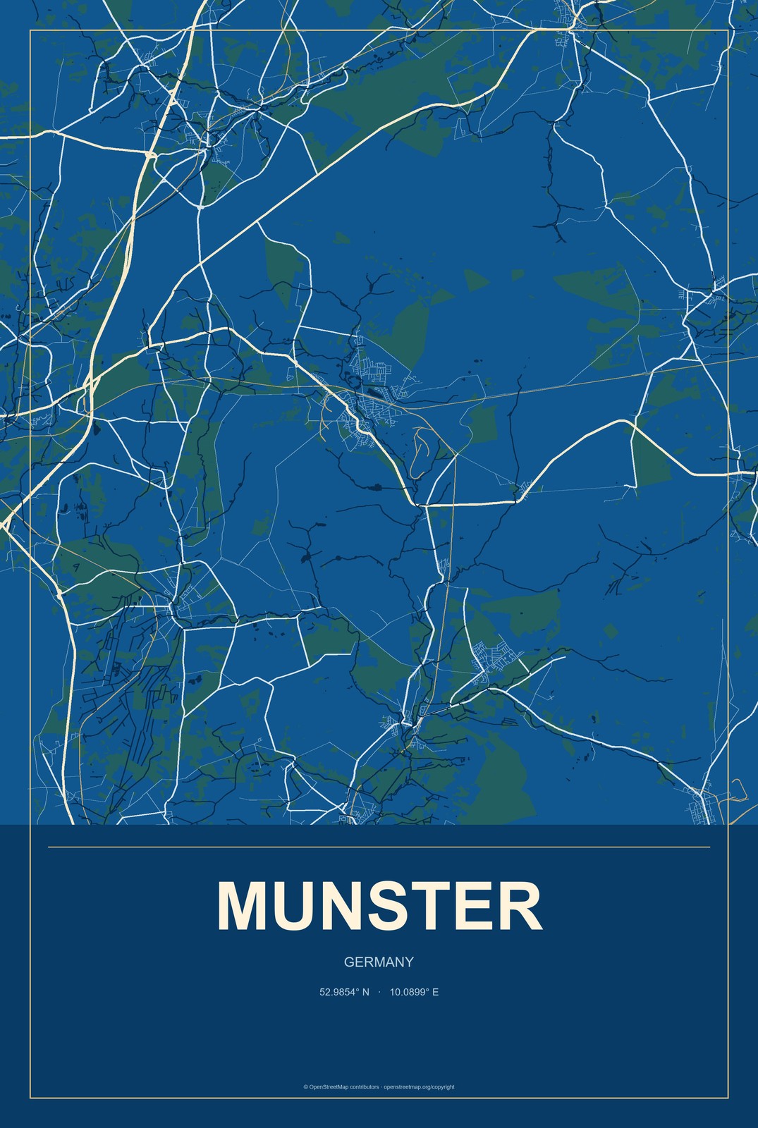 Munster, Germany City Map Aluminum Sign in Harbor Cobalt style
