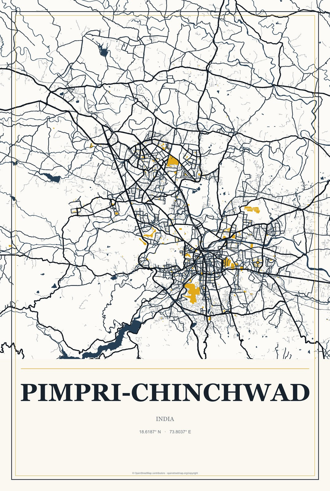 Pimpri-Chinchwad, India City Map Aluminum Sign in Citrine Modern style