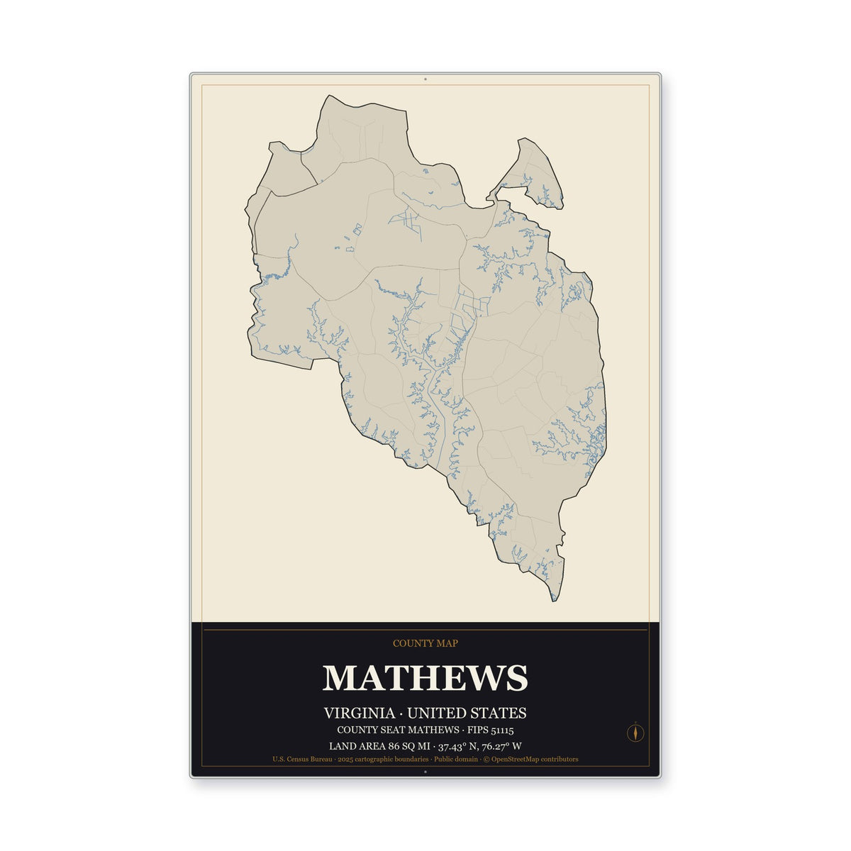 Mathews County, Virginia Map Aluminum Sign in Museum Plaque style