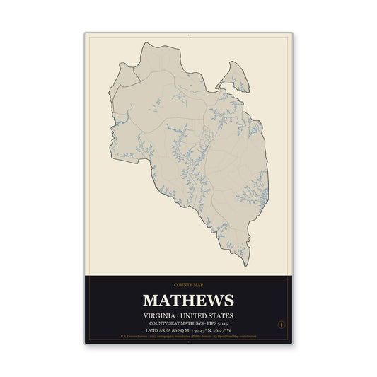 Mathews County, Virginia Map Aluminum Sign in Museum Plaque style