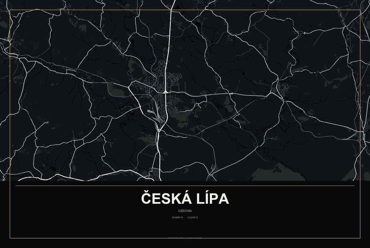 Česká Lípa, Czechia City Map Aluminum Sign in Metropolitan Noir style