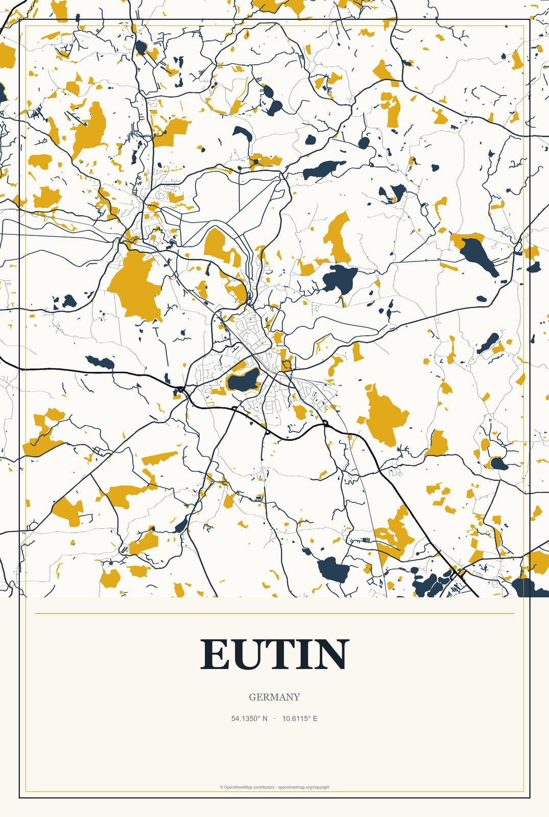 Eutin, Germany City Map Aluminum Sign in Citrine Modern style