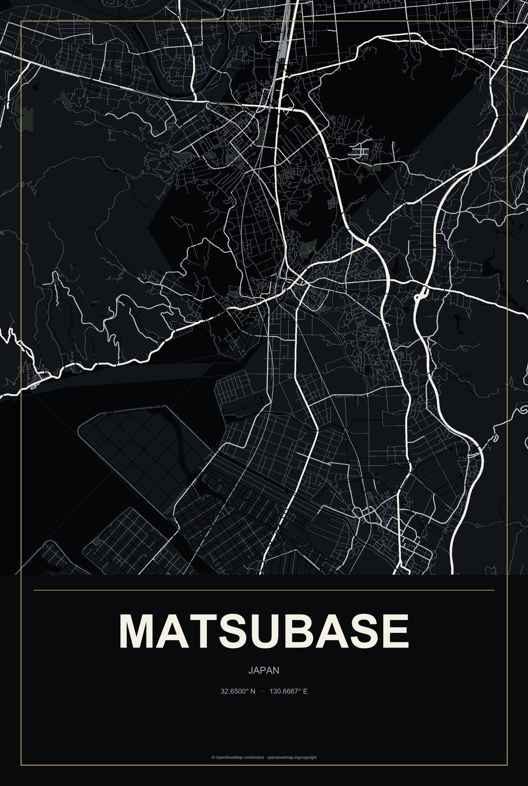 Matsubase, Japan City Map Aluminum Sign in Metropolitan Noir style
