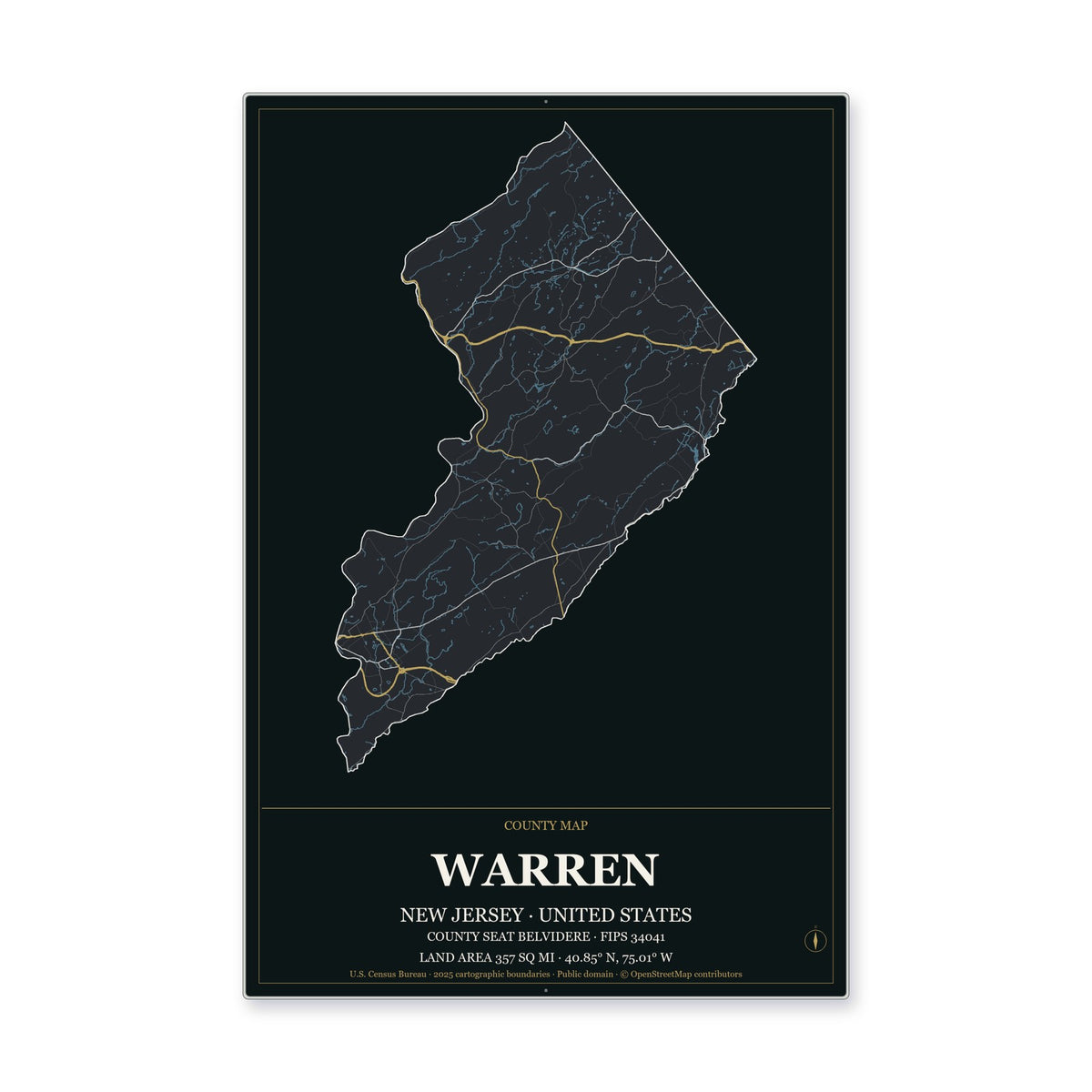 Warren County, New Jersey Map Aluminum Sign in Metropolitan Noir style