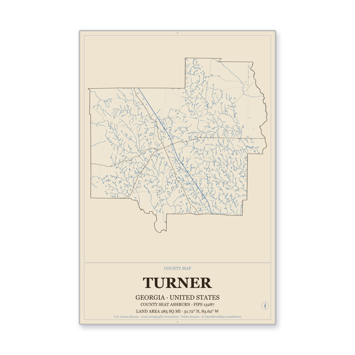 Turner County, Georgia Map Aluminum Sign in Heritage Nautical style