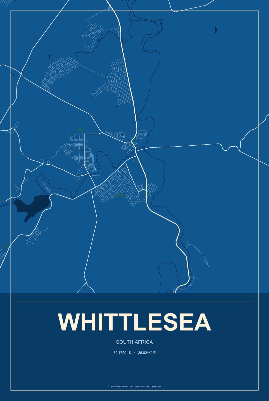 Whittlesea, South Africa City Map Aluminum Sign in Harbor Cobalt style