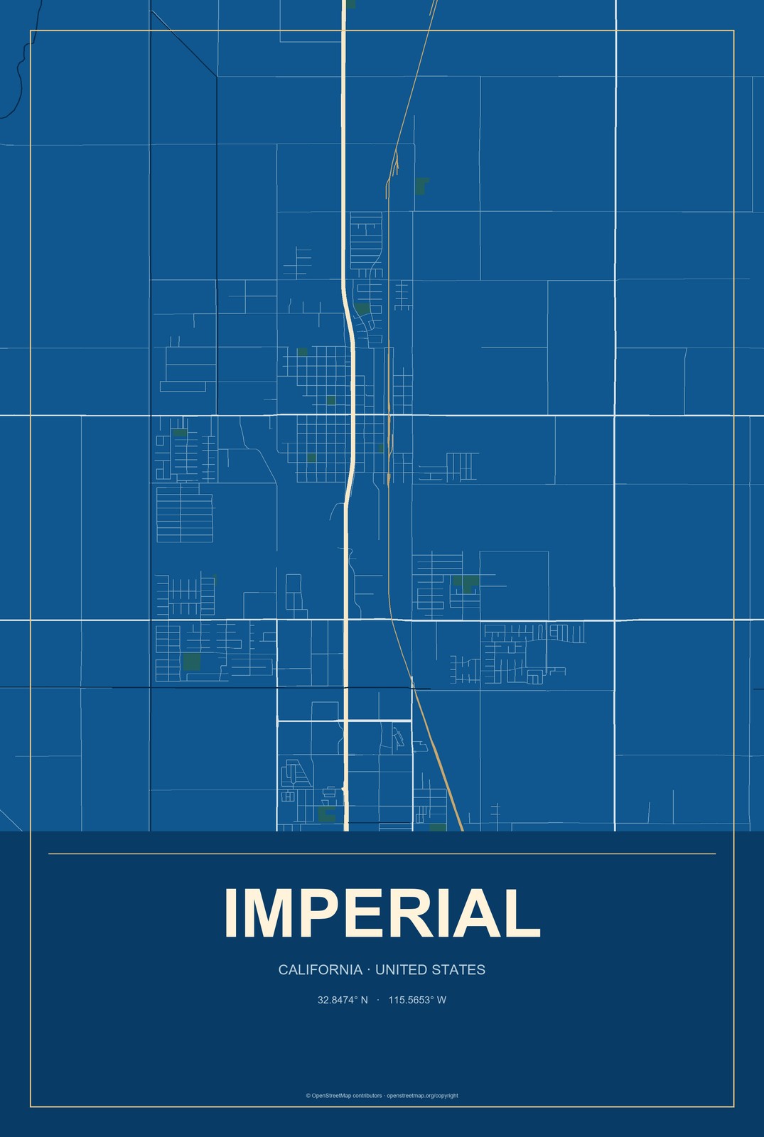 Imperial, California City Map Aluminum Sign in Harbor Cobalt style