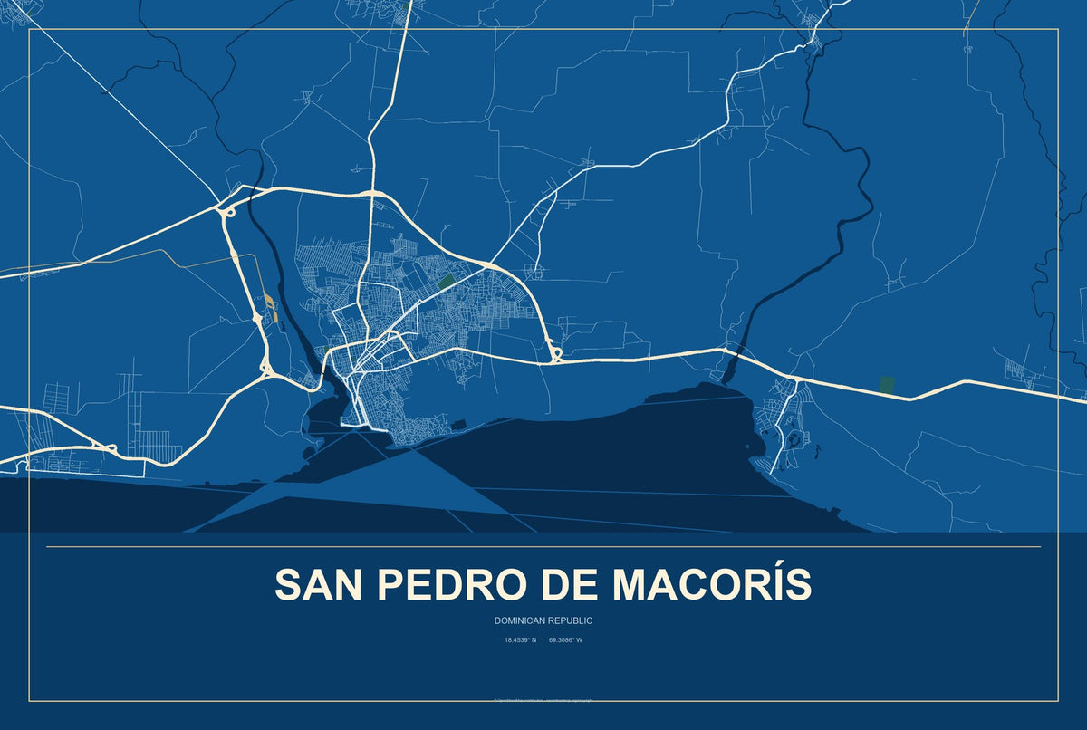 San Pedro de Macorís, Dominican Republic City Map Aluminum Sign in Harbor Cobalt style