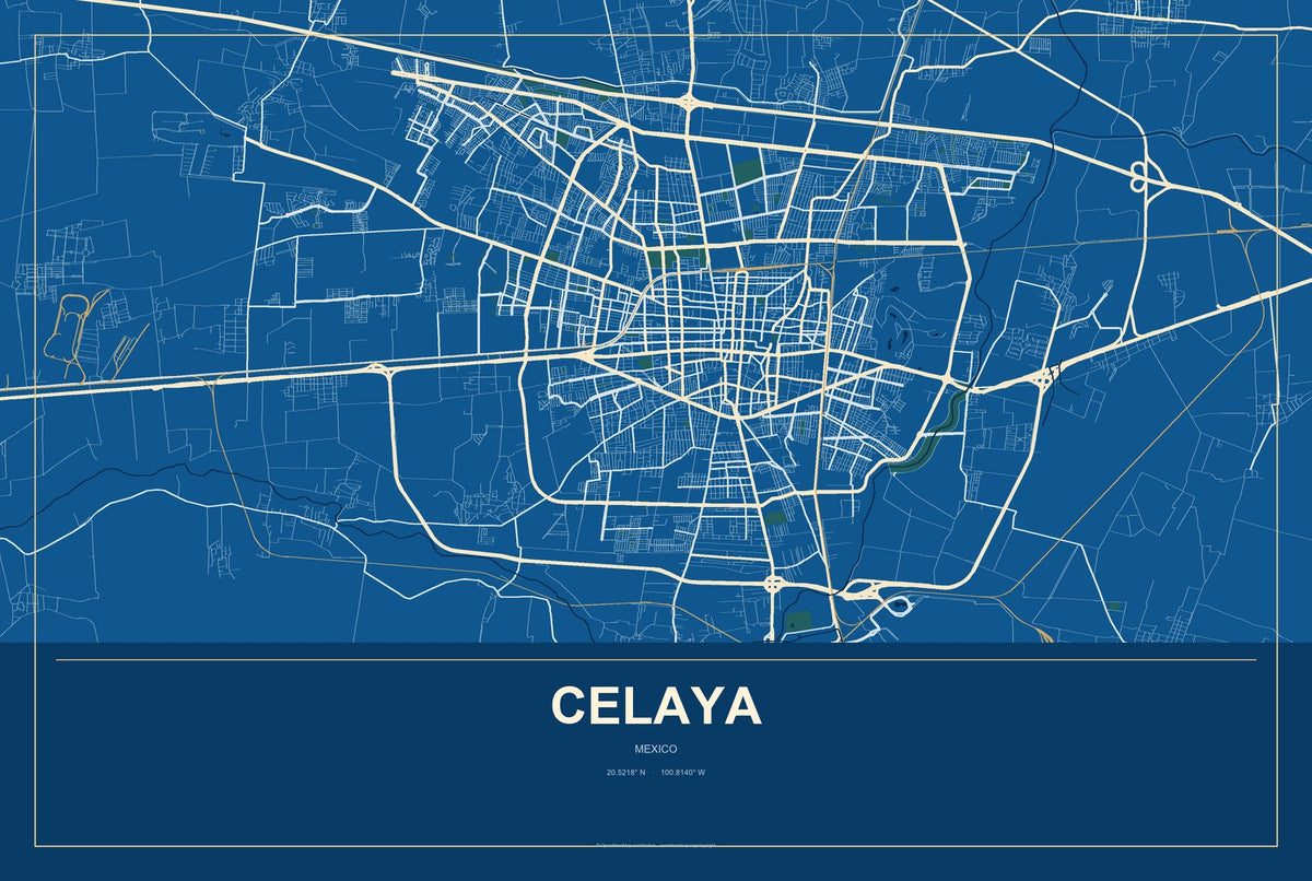 Celaya, Mexico City Map Aluminum Sign in Harbor Cobalt style