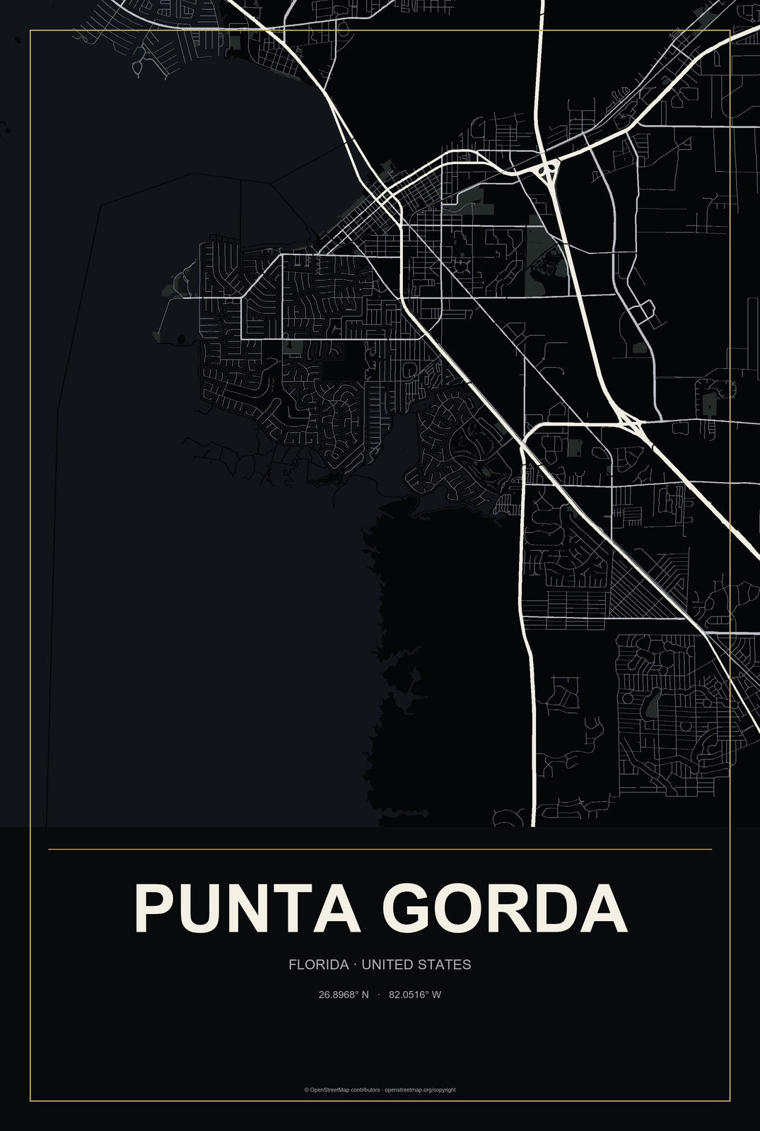 Punta Gorda, Florida City Map Aluminum Sign in Metropolitan Noir style