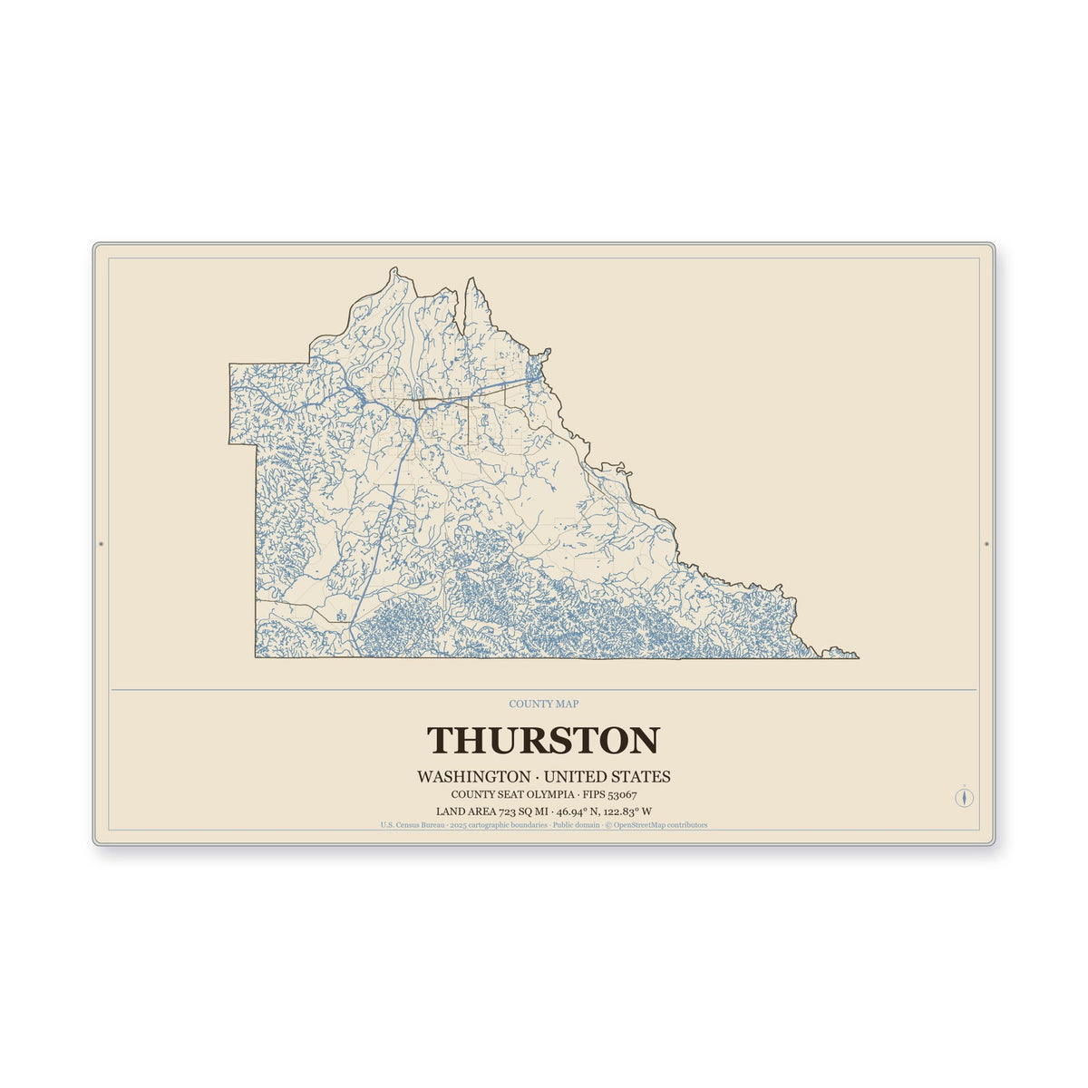 Thurston County, Washington Map Aluminum Sign in Heritage Nautical style