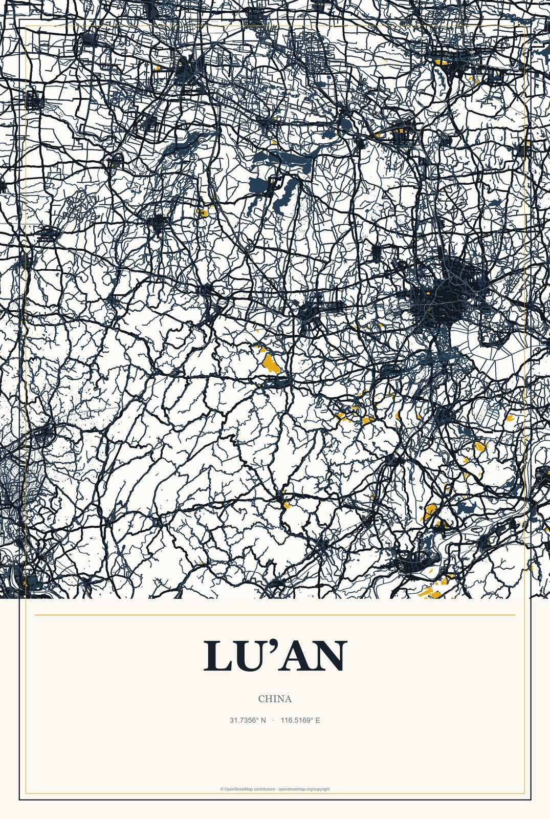 Lu’an, China City Map Aluminum Sign in Citrine Modern style
