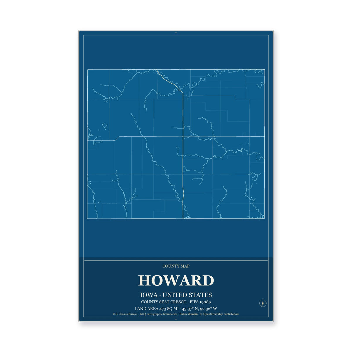 Howard County, Iowa Map Aluminum Sign in Harbor Cobalt style