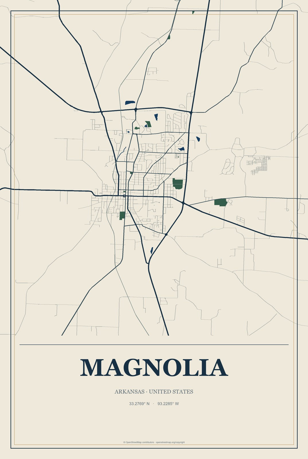 Magnolia, Arkansas City Map Aluminum Sign in Coastal Cutout style