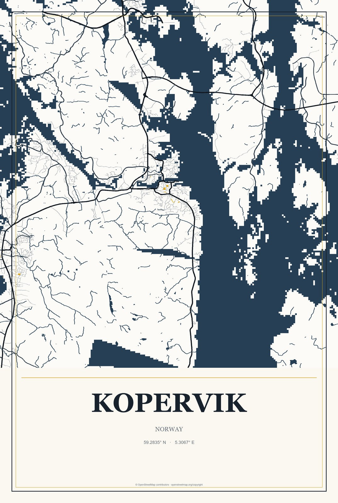 Kopervik, Norway City Map Aluminum Sign in Citrine Modern style
