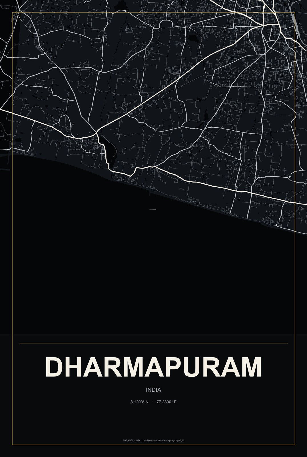 Dharmapuram, India City Map Aluminum Sign in Metropolitan Noir style