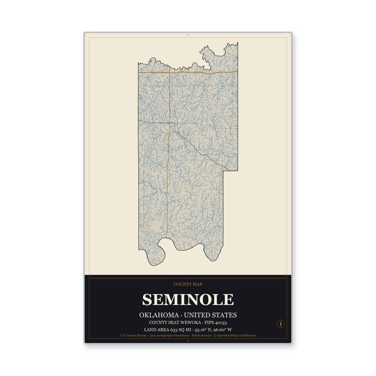 Seminole County, Oklahoma Map Aluminum Sign in Museum Plaque style