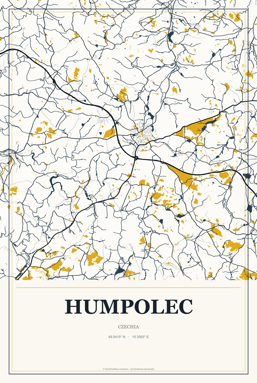 Humpolec, Czechia City Map Aluminum Sign in Citrine Modern style