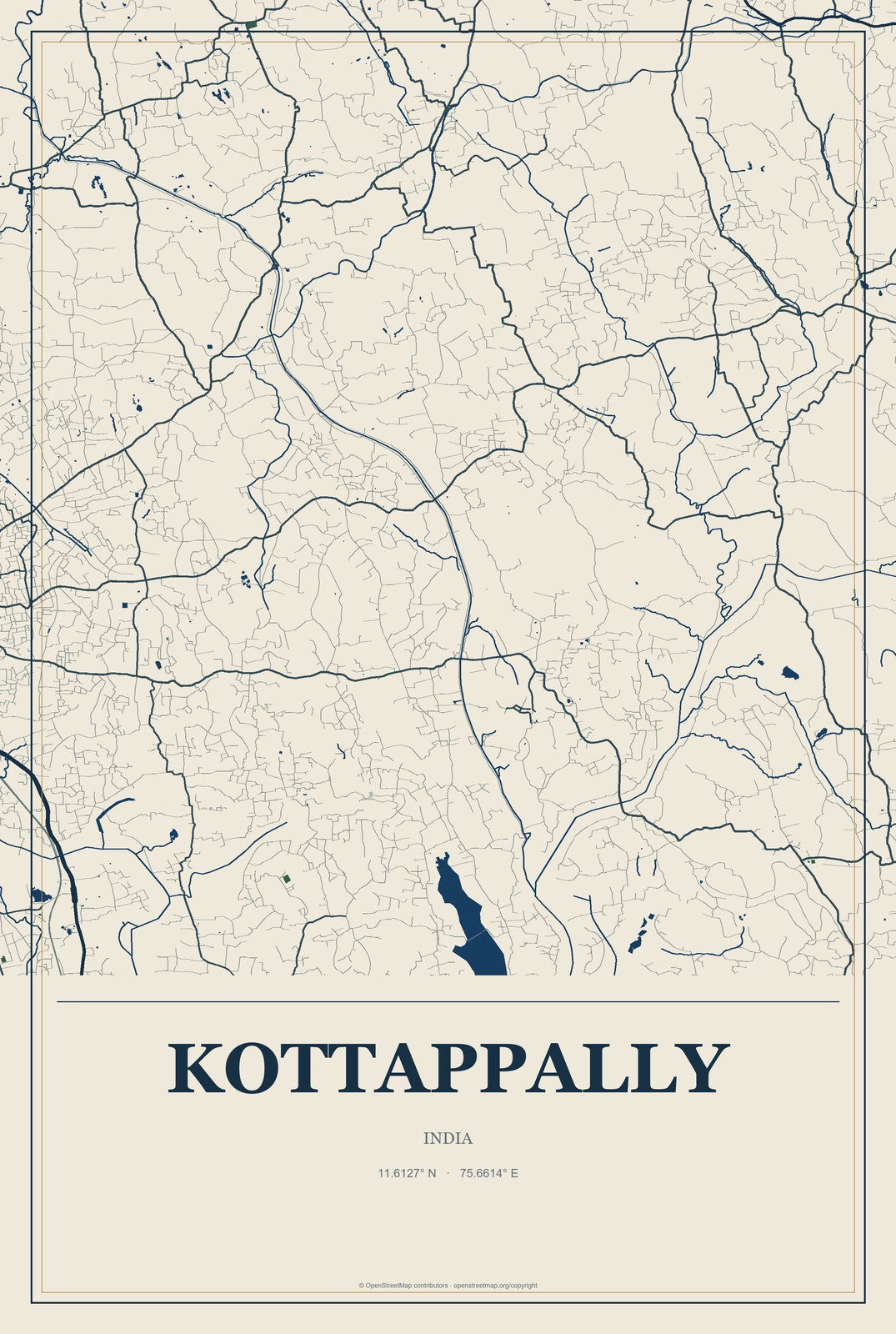 Kottappally, India City Map Aluminum Sign in Coastal Cutout style