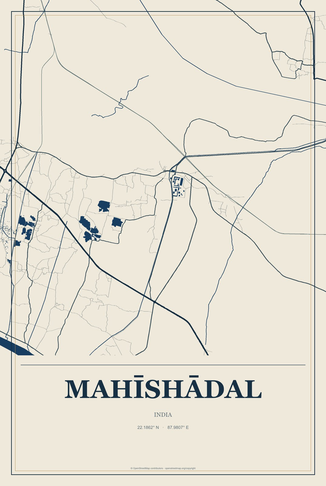 Mahīshādal, India City Map Aluminum Sign in Coastal Cutout style