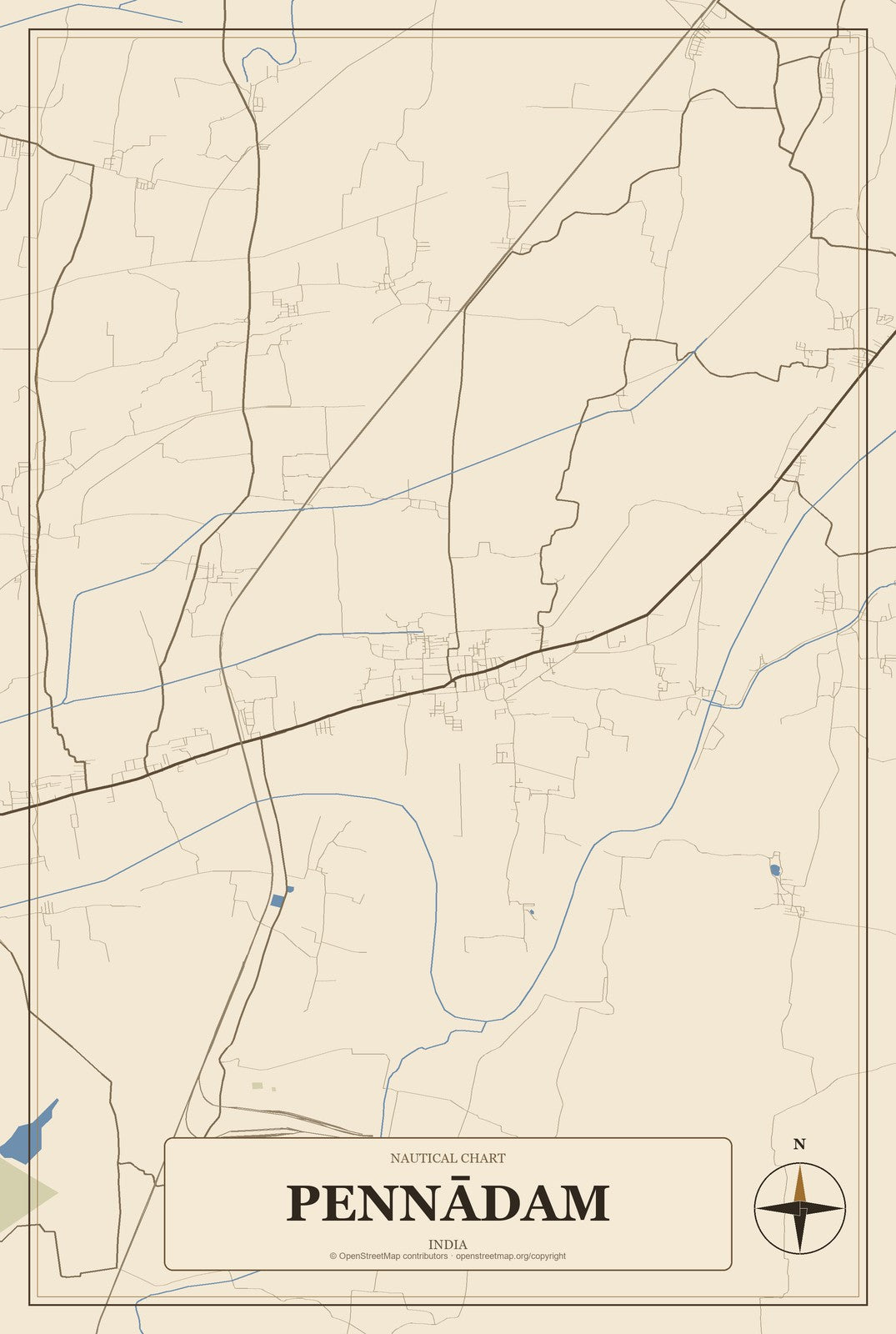 Pennādam, India City Map Aluminum Sign in Heritage Nautical style