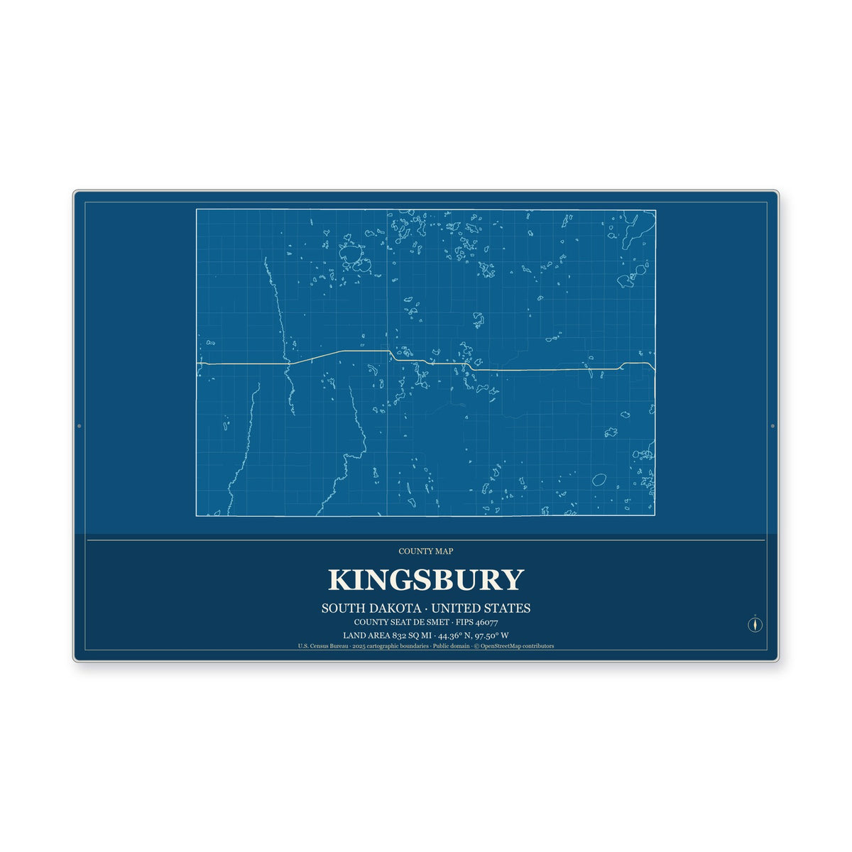 Kingsbury County, South Dakota Map Aluminum Sign in Harbor Cobalt style