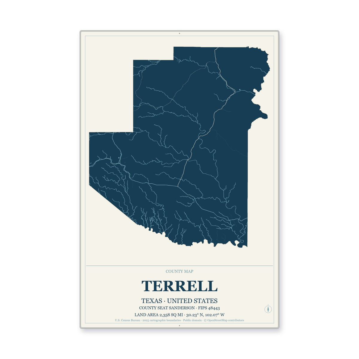 Terrell County, Texas Map Aluminum Sign in Coastal Cutout style