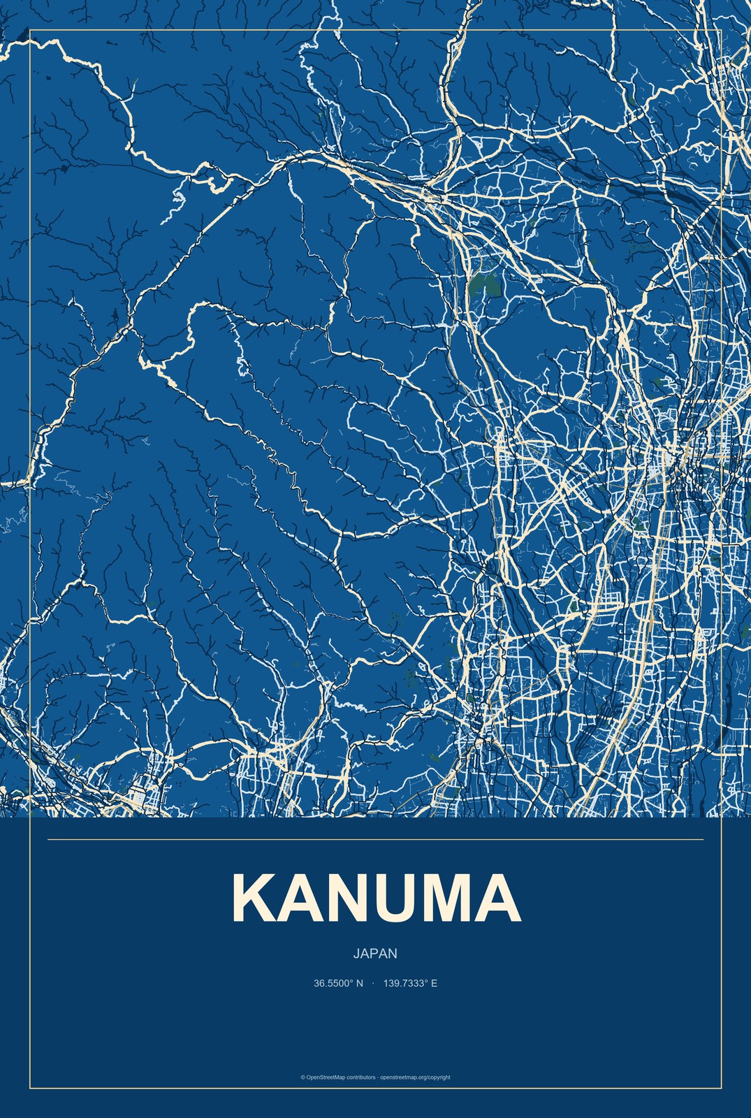 Kanuma, Japan City Map Aluminum Sign in Harbor Cobalt style