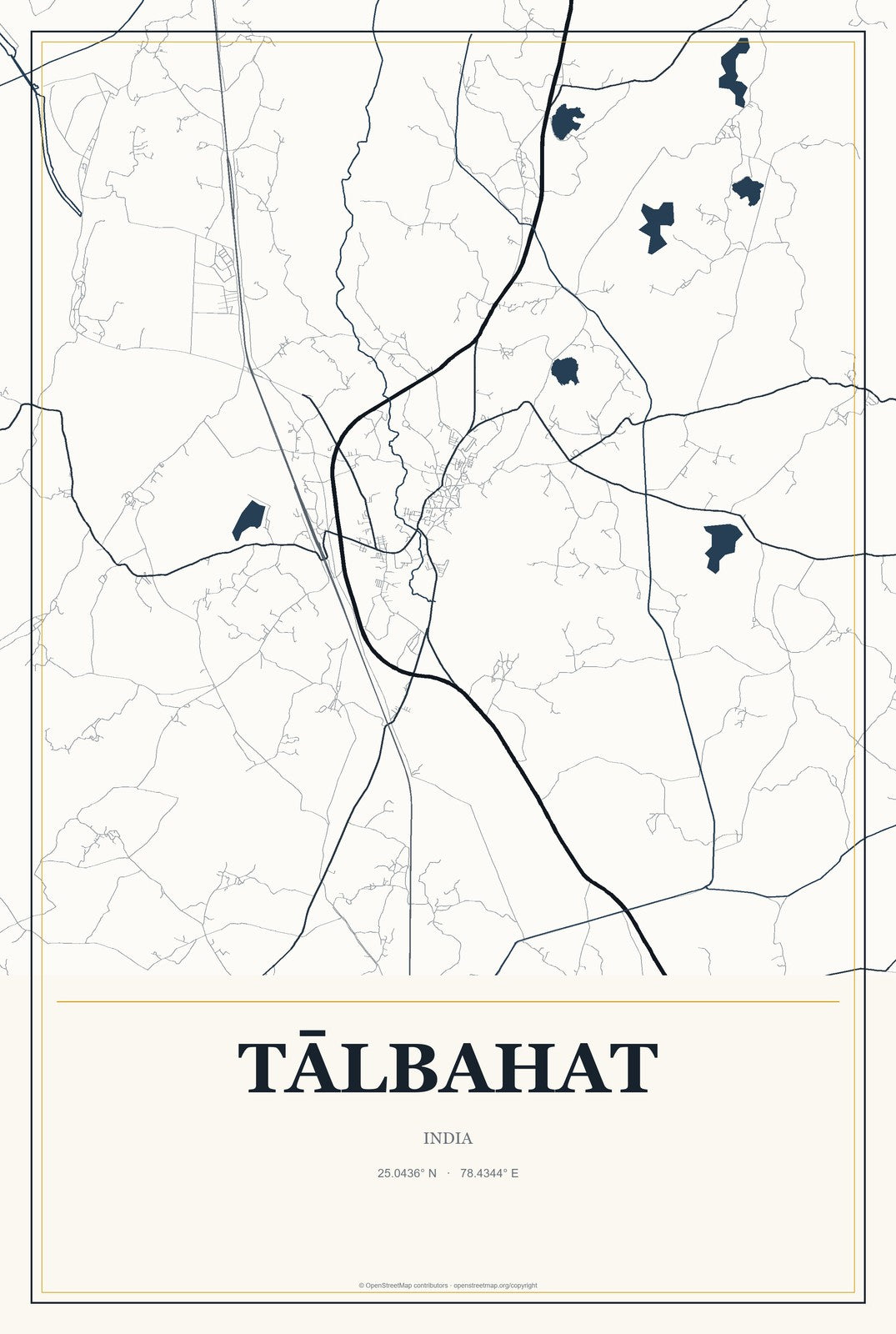 Tālbahat, India City Map Aluminum Sign in Citrine Modern style