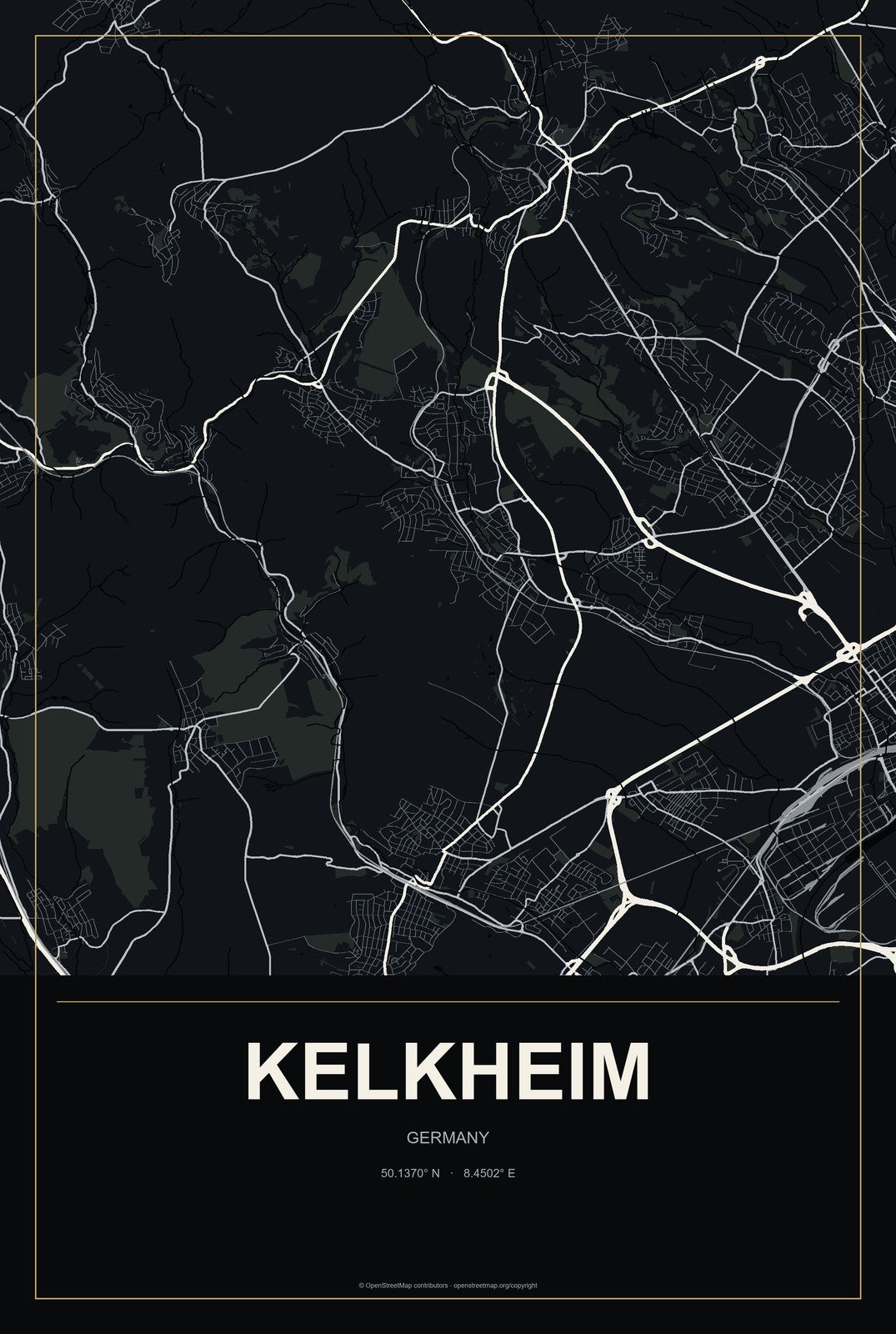 Kelkheim, Germany City Map Aluminum Sign in Metropolitan Noir style