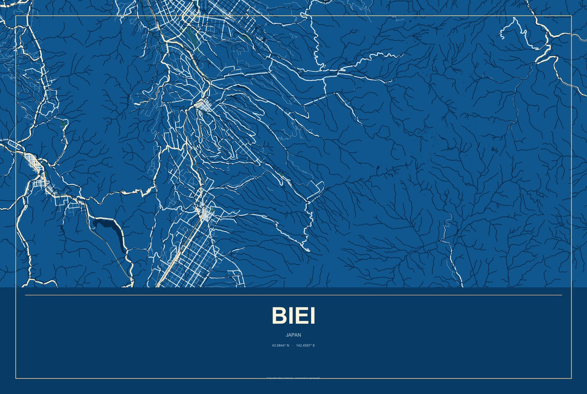 Biei, Japan City Map Aluminum Sign in Harbor Cobalt style