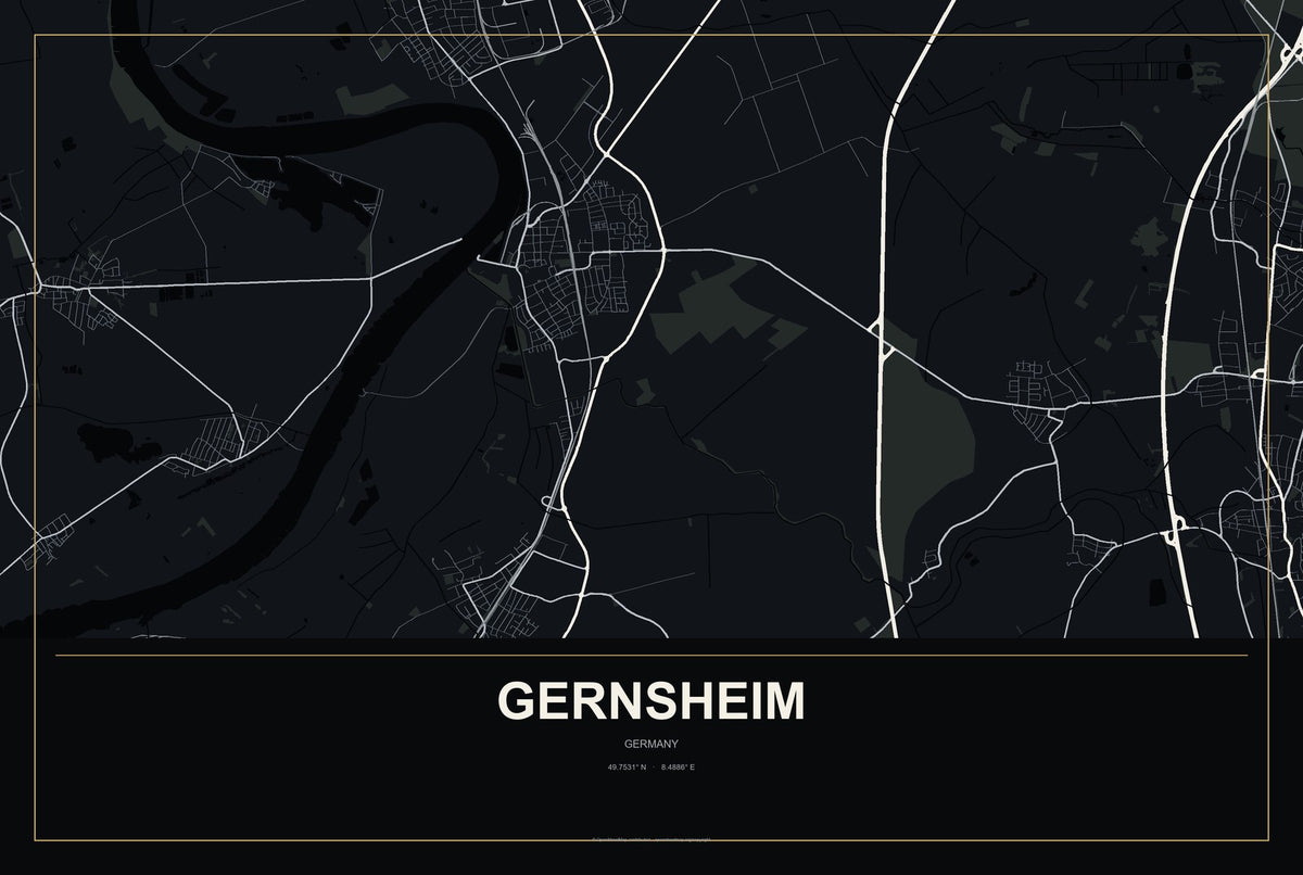 Gernsheim, Germany City Map Aluminum Sign in Metropolitan Noir style