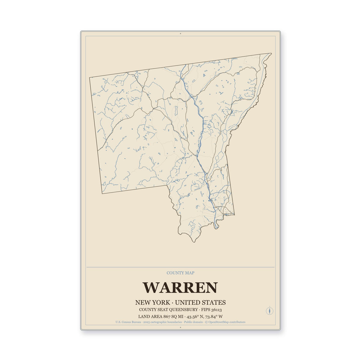 Warren County, New York Map Aluminum Sign in Heritage Nautical style