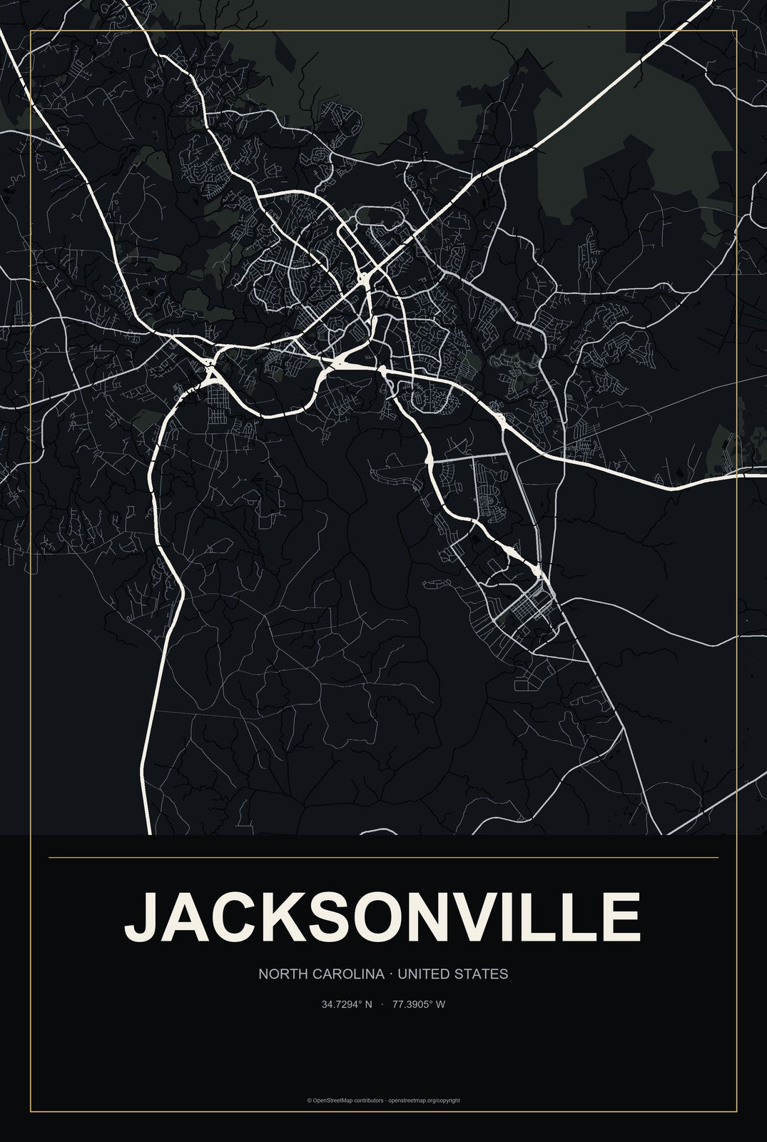 Jacksonville, North Carolina City Map Aluminum Sign in Metropolitan Noir style