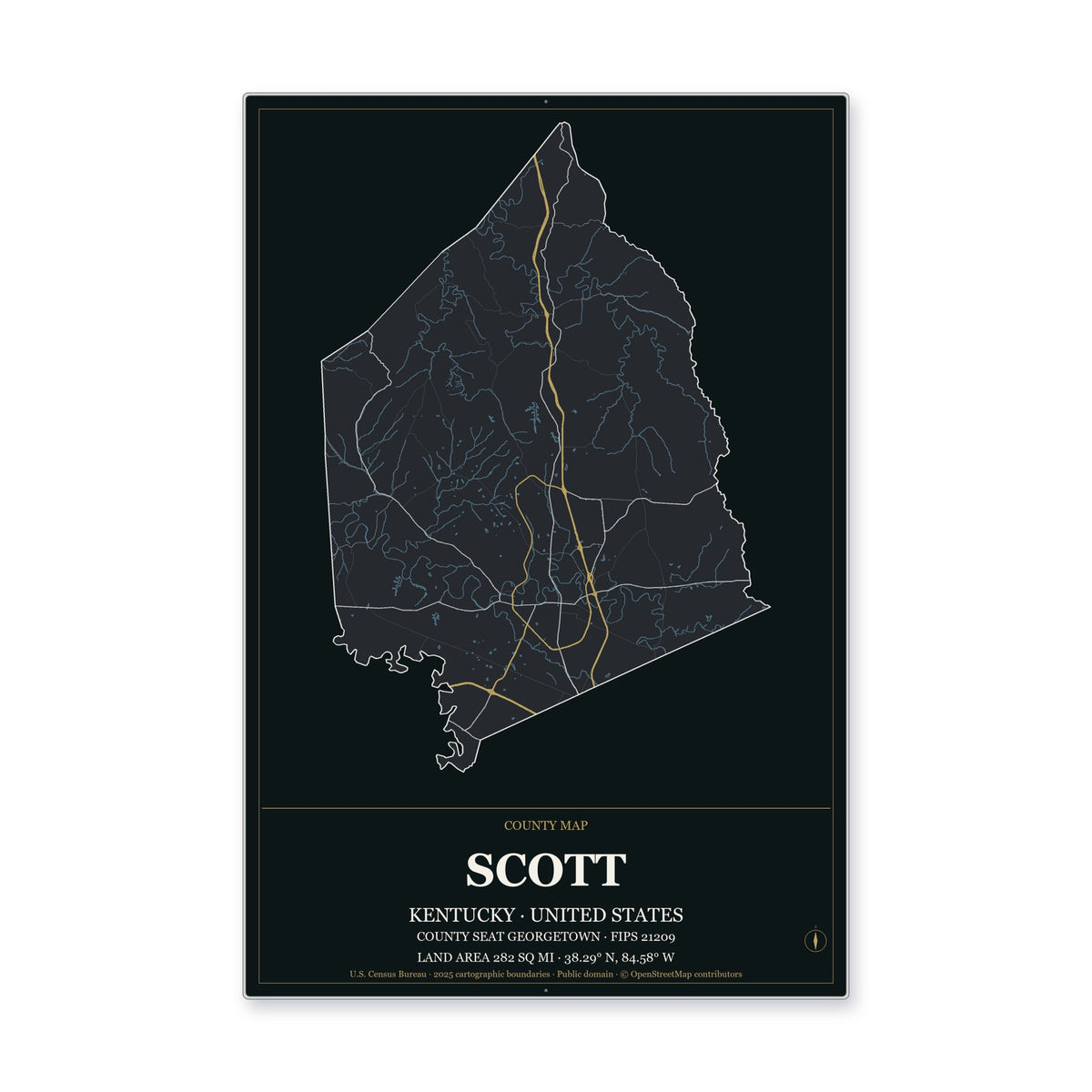 Scott County, Kentucky Map Aluminum Sign in Metropolitan Noir style