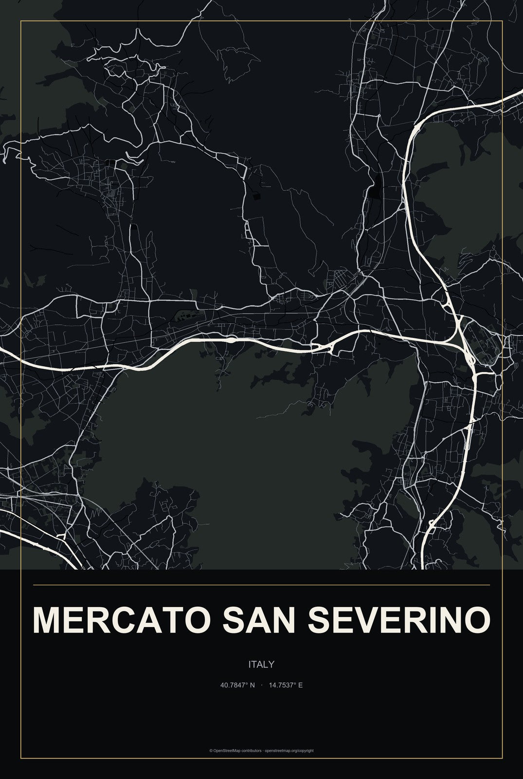 Mercato San Severino, Italy City Map Aluminum Sign in Metropolitan Noir style