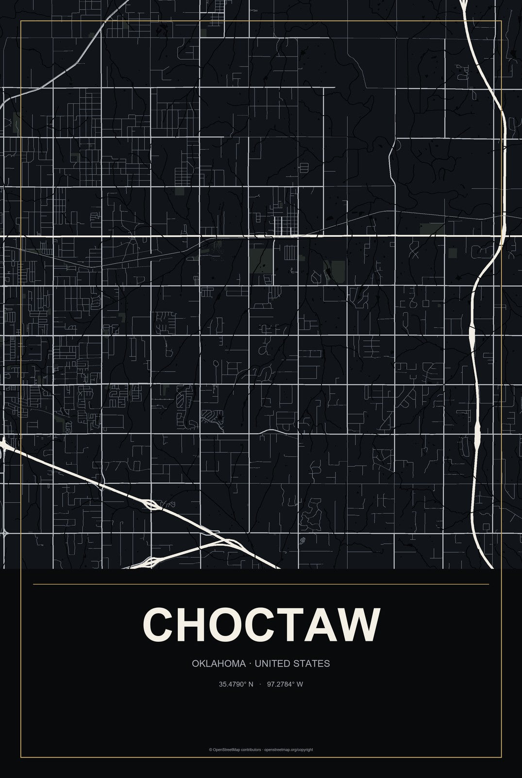 Choctaw, Oklahoma City Map Aluminum Sign in Metropolitan Noir style