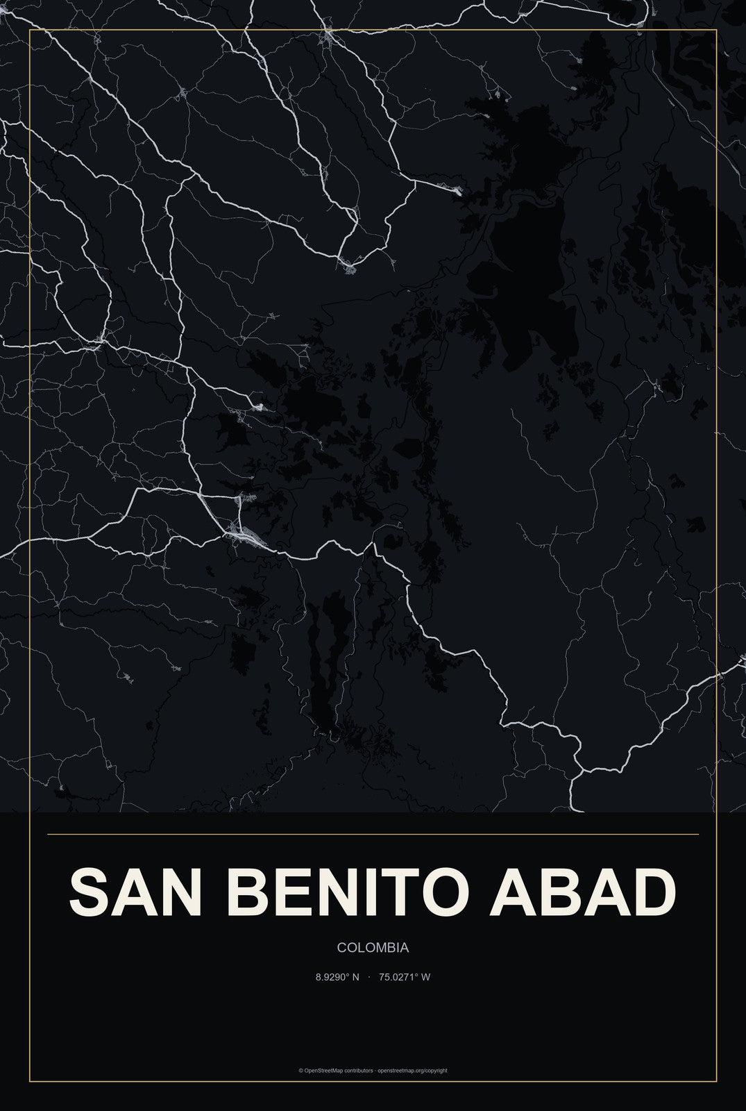 San Benito Abad, Colombia City Map Aluminum Sign in Metropolitan Noir style