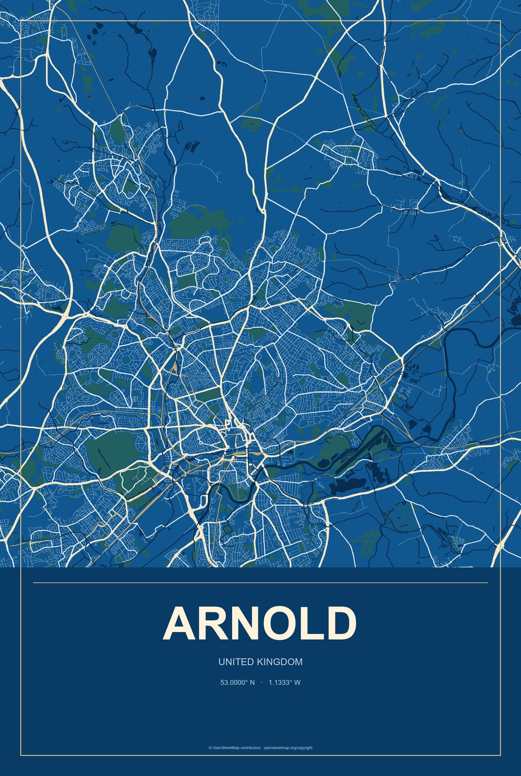 Arnold, United Kingdom City Map Aluminum Sign in Harbor Cobalt style