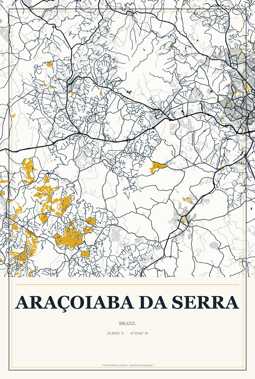 Araçoiaba da Serra, Brazil City Map Aluminum Sign in Citrine Modern style
