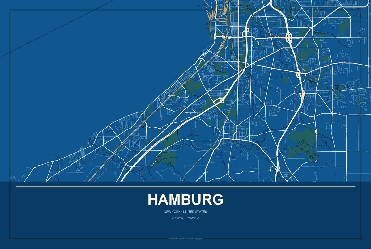 Hamburg, New York City Map Aluminum Sign in Harbor Cobalt style